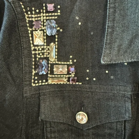 Chico's Dark Blue Embellished Denim Jacket with Blue & Purple Accents - Picture 3 of 7